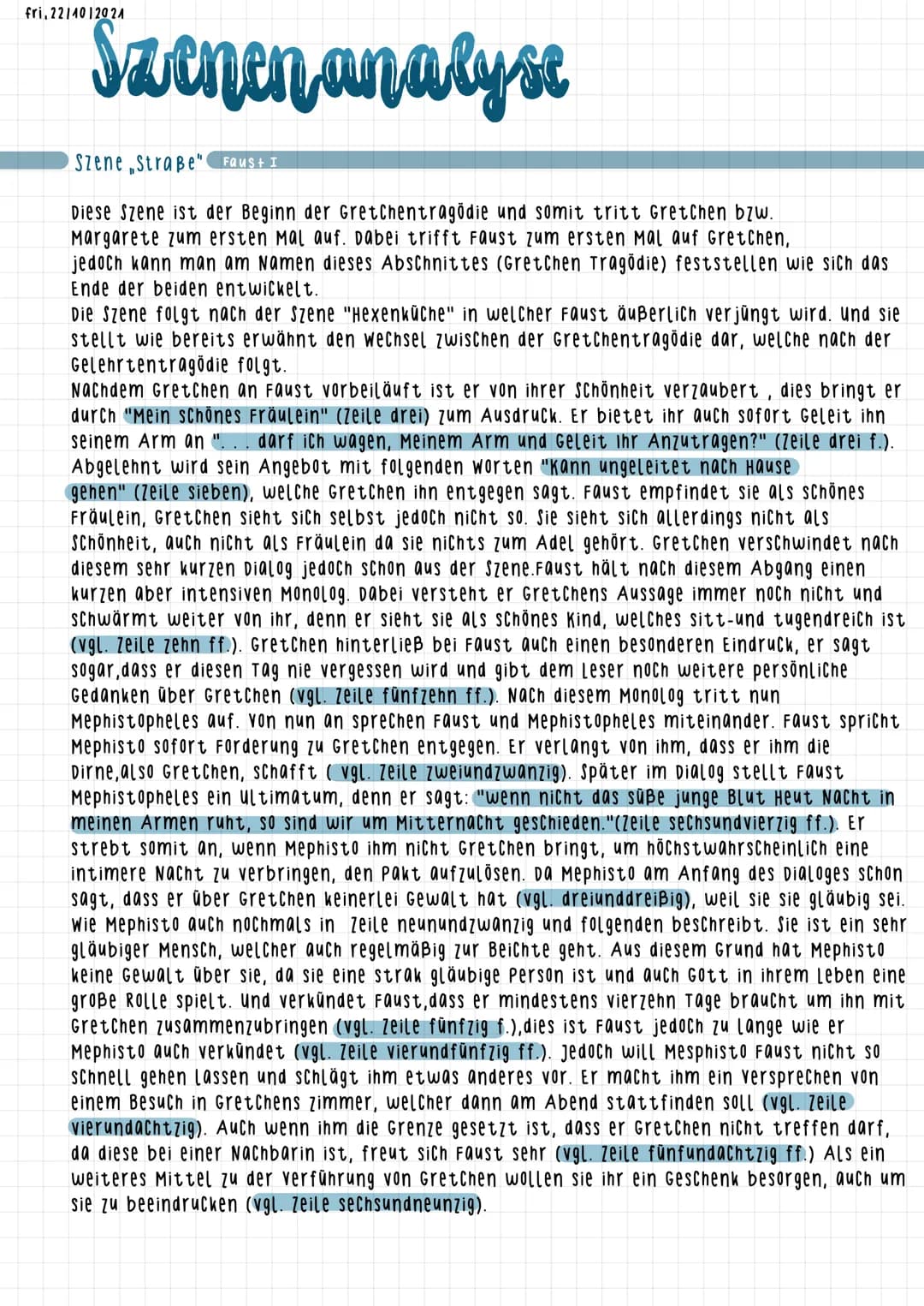 fri, 2214012021
Szenen analyse
Szene Straße" Faus+ I
Diese Szene ist der Beginn der Gretchentragödie und somit tritt Gretchen bzw.
Margarete