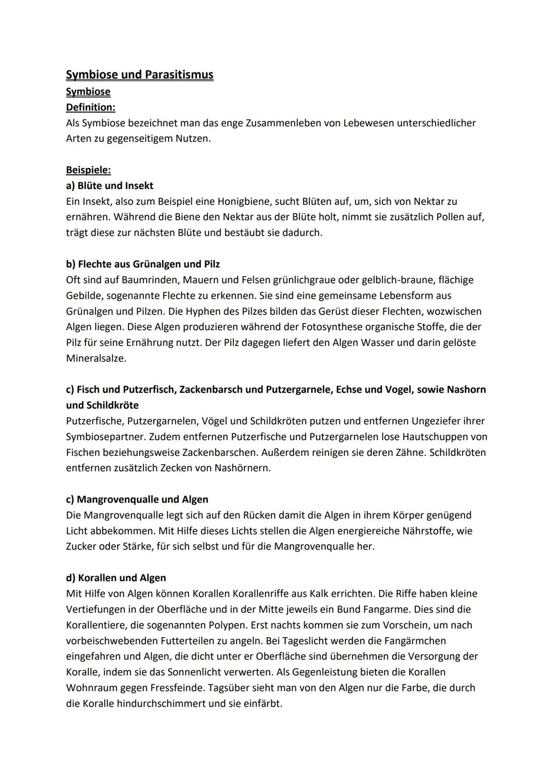 # Symbiose und Parasitismus
Symbiose
Definition:
Als Symbiose bezeichnet man das enge Zusammenleben von Lebewesen unterschiedlicher
Arten zu