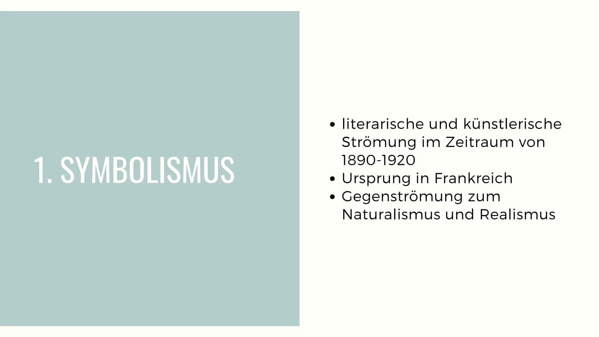 SYMBOLISMUS UND
JUGENDSTIL INHALTSVERZEICHNIS
1. Symbolismus
1.1 Zeitgeschichtlicher Hintergrund
1.2 Merkmale
1.3 Literatur
1.4 Hauptvertret