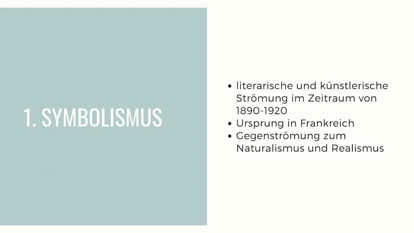 SYMBOLISMUS UND
JUGENDSTIL INHALTSVERZEICHNIS
1. Symbolismus
1.1 Zeitgeschichtlicher Hintergrund
1.2 Merkmale
1.3 Literatur
1.4 Hauptvertret