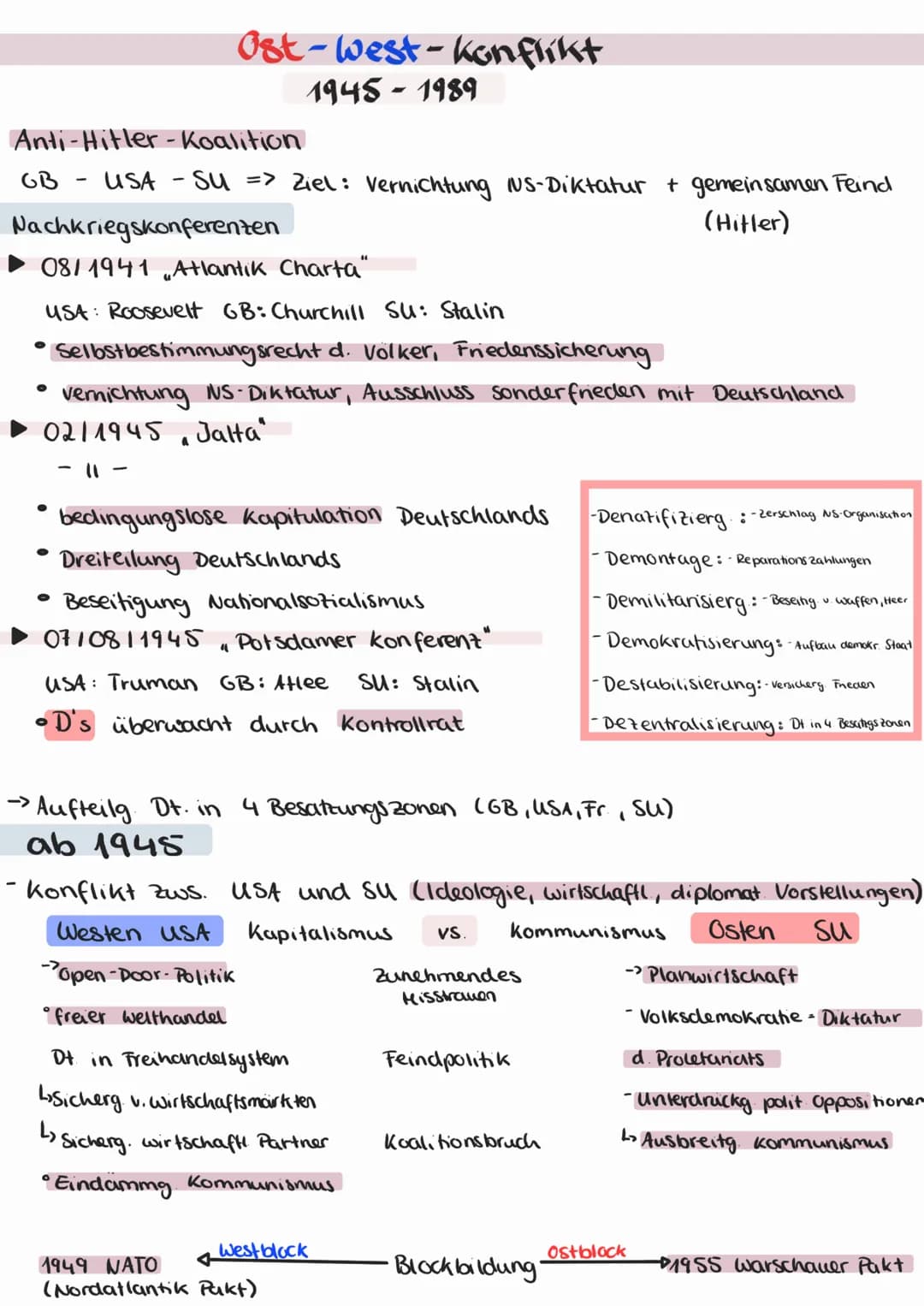 Anti-Hitler - Koalition
GB USA - Su => Ziel: Vernichtung NS-Diktatur + gemeinsamen Feind
Nachkriegskonferenzen
(Hitler)
► 08/1941 „Atlantik 