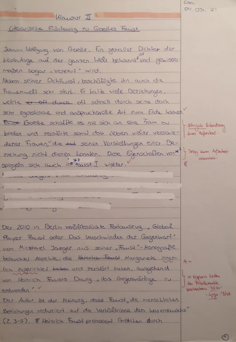 Deutsch, Kl. 11,
Name: Xisc
Textgrundlage: Johann Wolfgang von Goethe: Faust.
Aufgabenstellung:
Erörtern Sie vor dem Hintergrund des Textaus