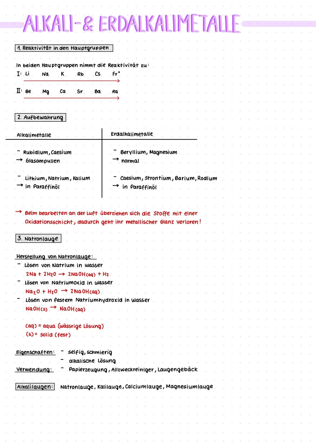 ALKALI-& ERDALKALIMETALLE
1. Reaktivität in den Hauptgruppen
In beiden Hauptgruppen nimmt die Reaktivität zu:
I: Li
K
Rb CS
II: Be
Na
Mg
2. 