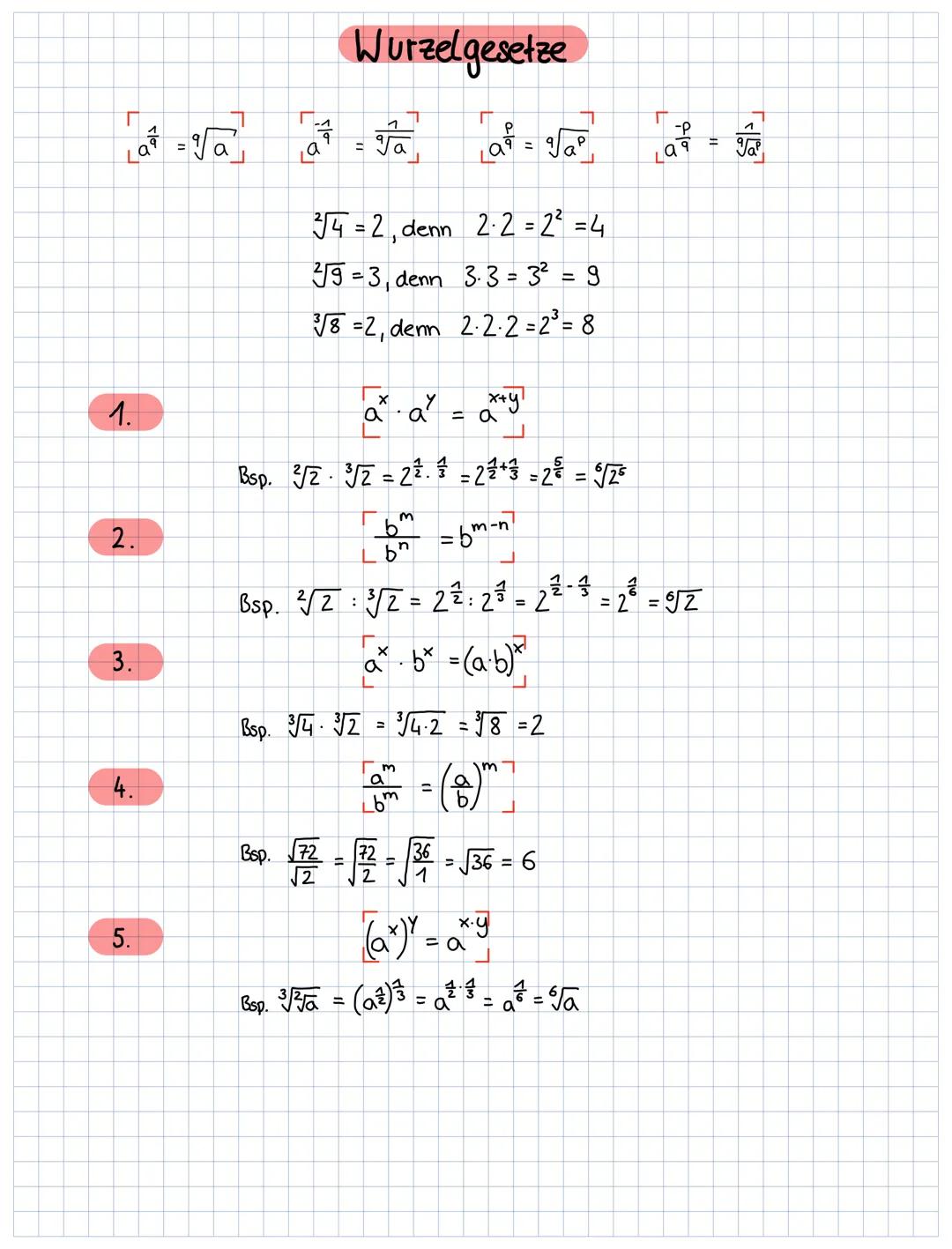 Wurzelgesetze

$a^{\frac{1}{q}} = \sqrt[q]{a}$

$a^{\frac{-1}{q}} = \sqrt[q]{\frac{1}{a}}$

$a^{\frac{p}{q}} = \sqrt[q]{a^p}$

$a^{\frac{-p}