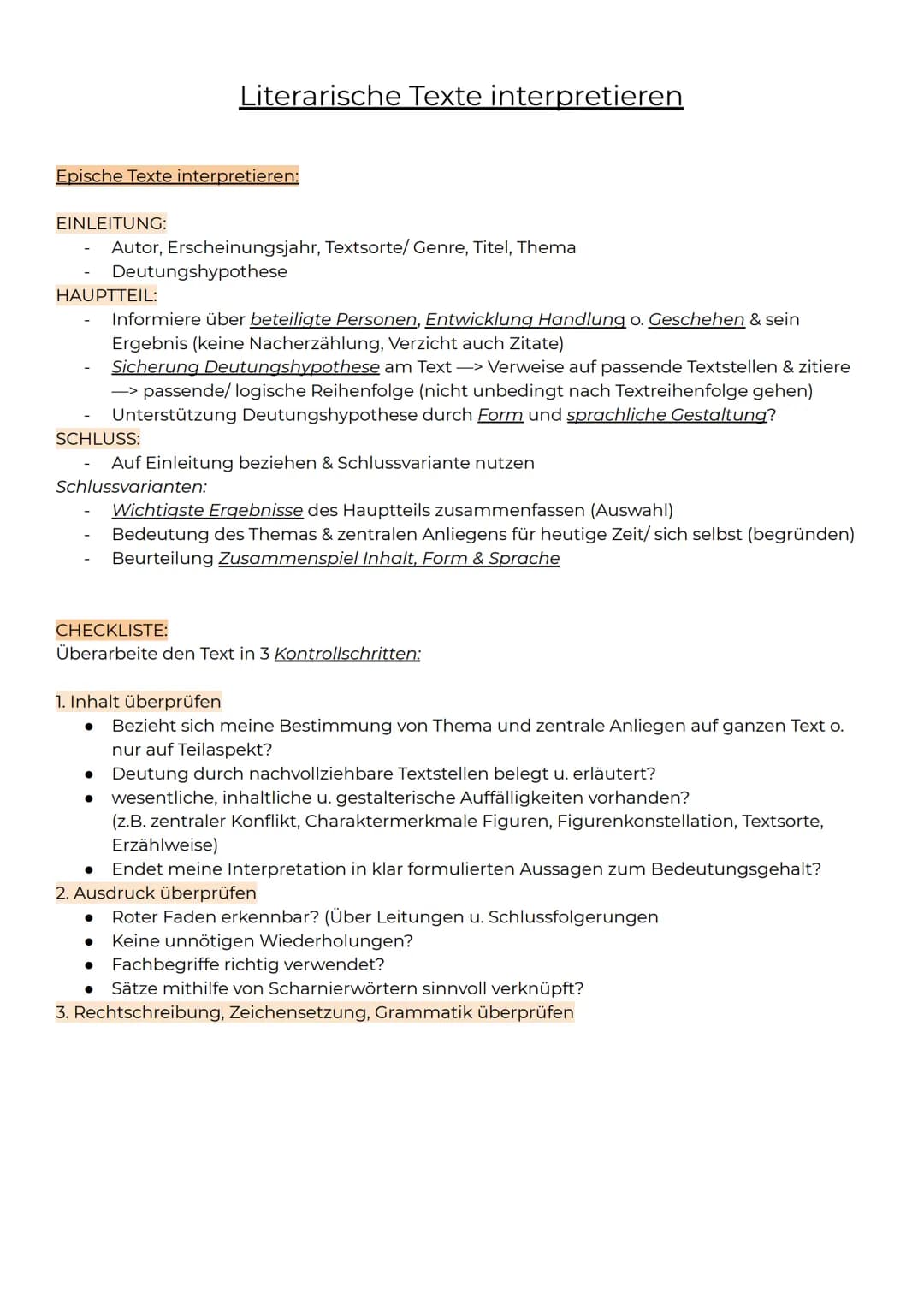 Epische Texte interpretieren:
EINLEITUNG:
HAUPTTEIL:
Autor, Erscheinungsjahr, Textsorte/ Genre, Titel, Thema
SCHLUSS:
Literarische Texte int