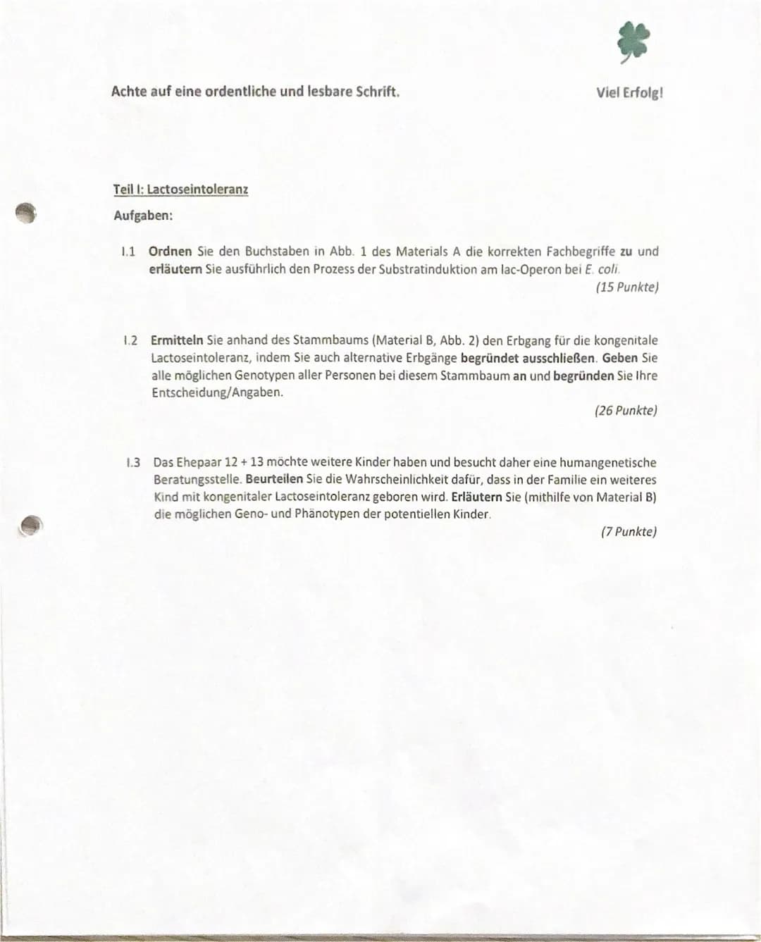 A) Inhaltliche Leistung
Tell I: Lactoseintoleranz
Aufgabe 1.1
Du hast jeweils den Zahlen des Materials A die korrekten Fachbegriffe zugeordn