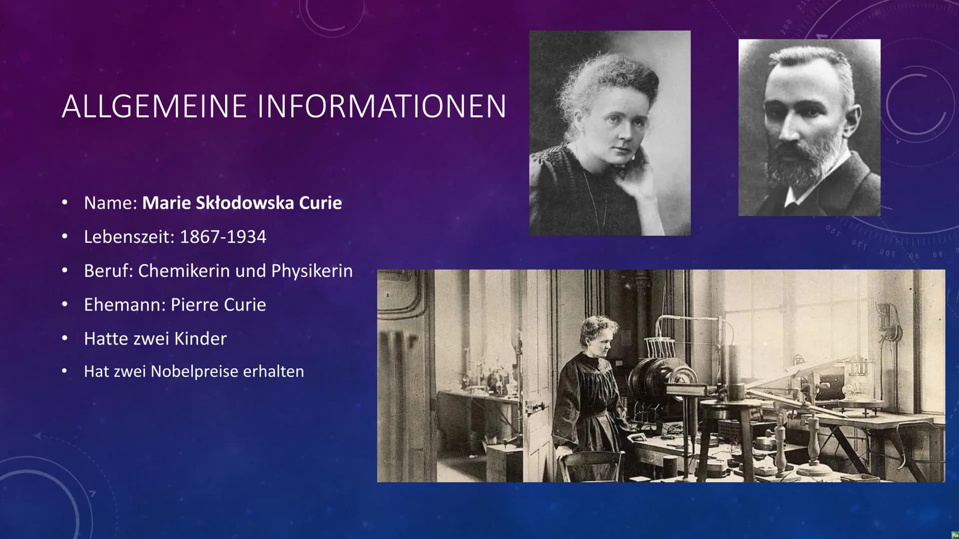 |||||||
YN
MARIE SKŁODOWSKA CURIE
Fach: Chemie DAS ERWARTET EUCH:
Allgemeine Informationen
Leben als Kind und Jugendlicher
• Wissenschaftlic