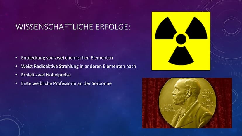 |||||||
YN
MARIE SKŁODOWSKA CURIE
Fach: Chemie DAS ERWARTET EUCH:
Allgemeine Informationen
Leben als Kind und Jugendlicher
• Wissenschaftlic
