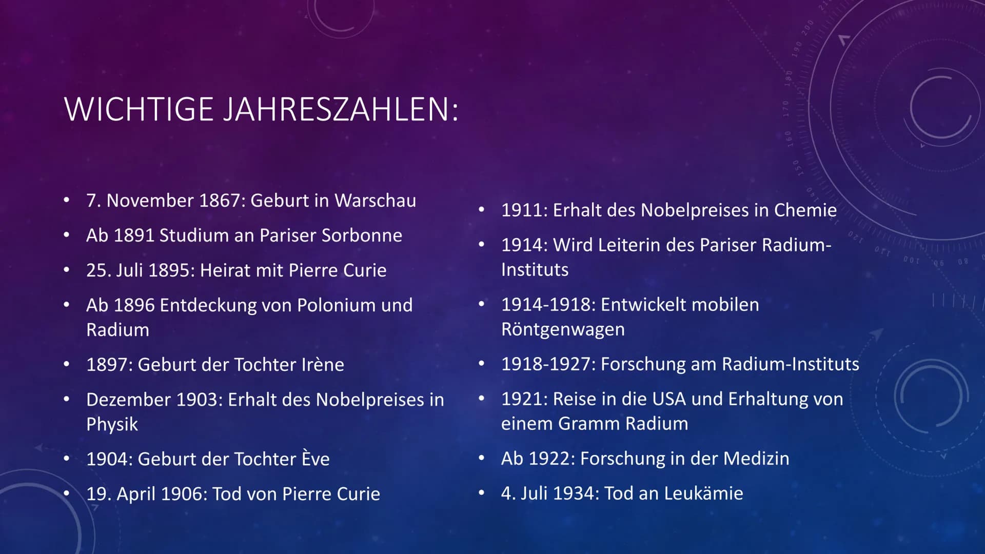 |||||||
YN
MARIE SKŁODOWSKA CURIE
Fach: Chemie DAS ERWARTET EUCH:
Allgemeine Informationen
Leben als Kind und Jugendlicher
• Wissenschaftlic