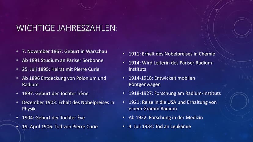 |||||||
YN
MARIE SKŁODOWSKA CURIE
Fach: Chemie DAS ERWARTET EUCH:
Allgemeine Informationen
Leben als Kind und Jugendlicher
• Wissenschaftlic