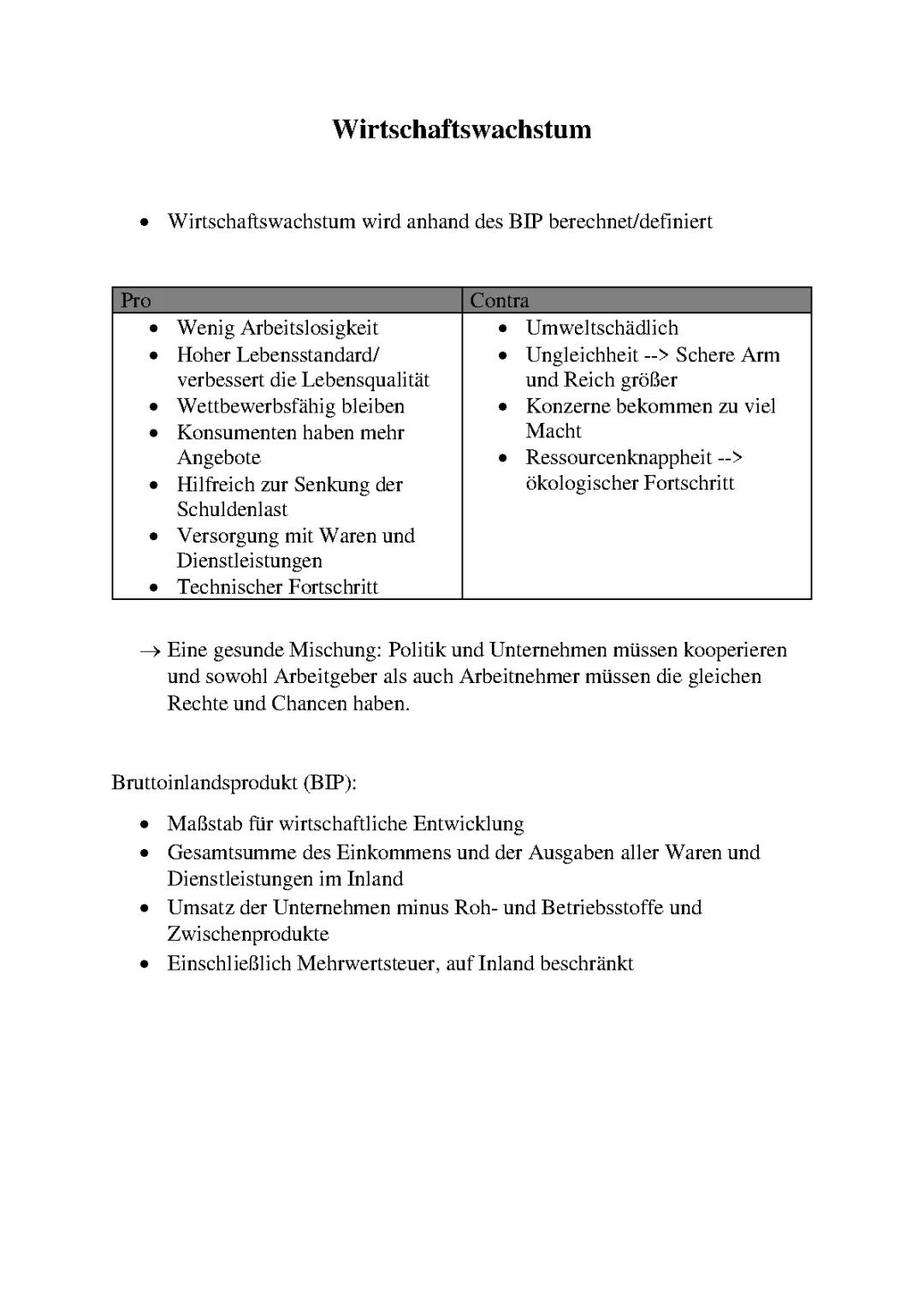 Wirtschaftswachstum Pro Contra Tabelle und Beispiele