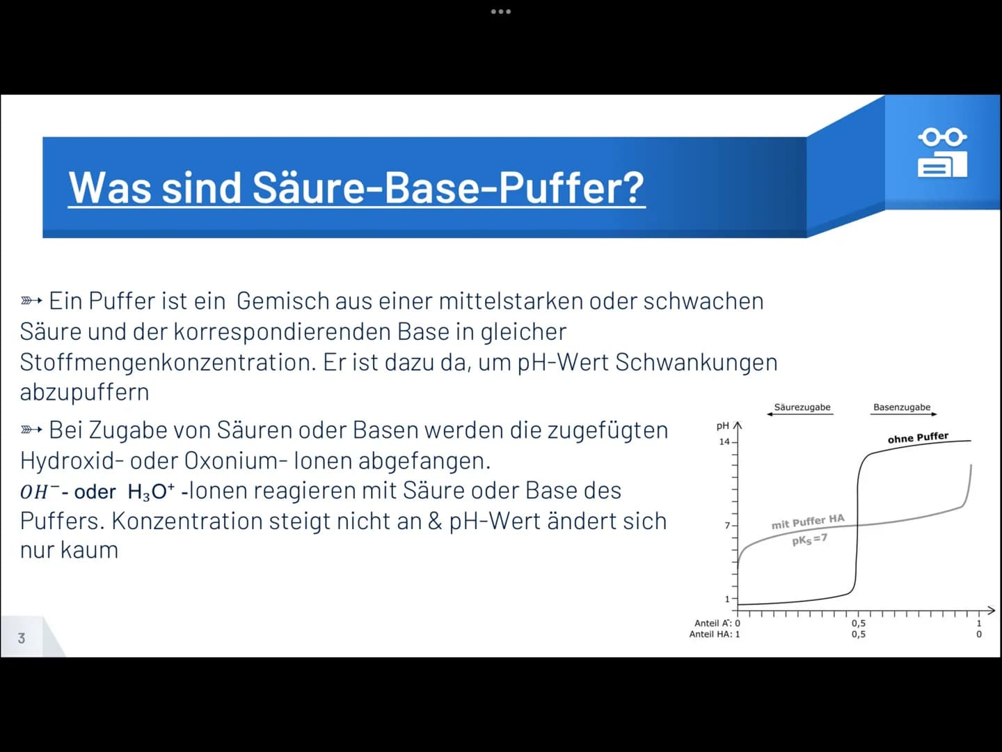 SÄURE-BASE-PUFFER
1. Was sind Säure-Base-Puffer?
>> Ein Puffer ist ein Gemisch aus einer mittelstarken oder schwachen Säure
und der korrespo