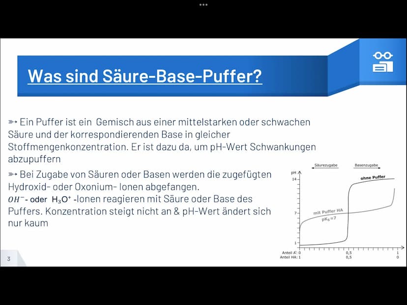SÄURE-BASE-PUFFER
1. Was sind Säure-Base-Puffer?
>> Ein Puffer ist ein Gemisch aus einer mittelstarken oder schwachen Säure
und der korrespo