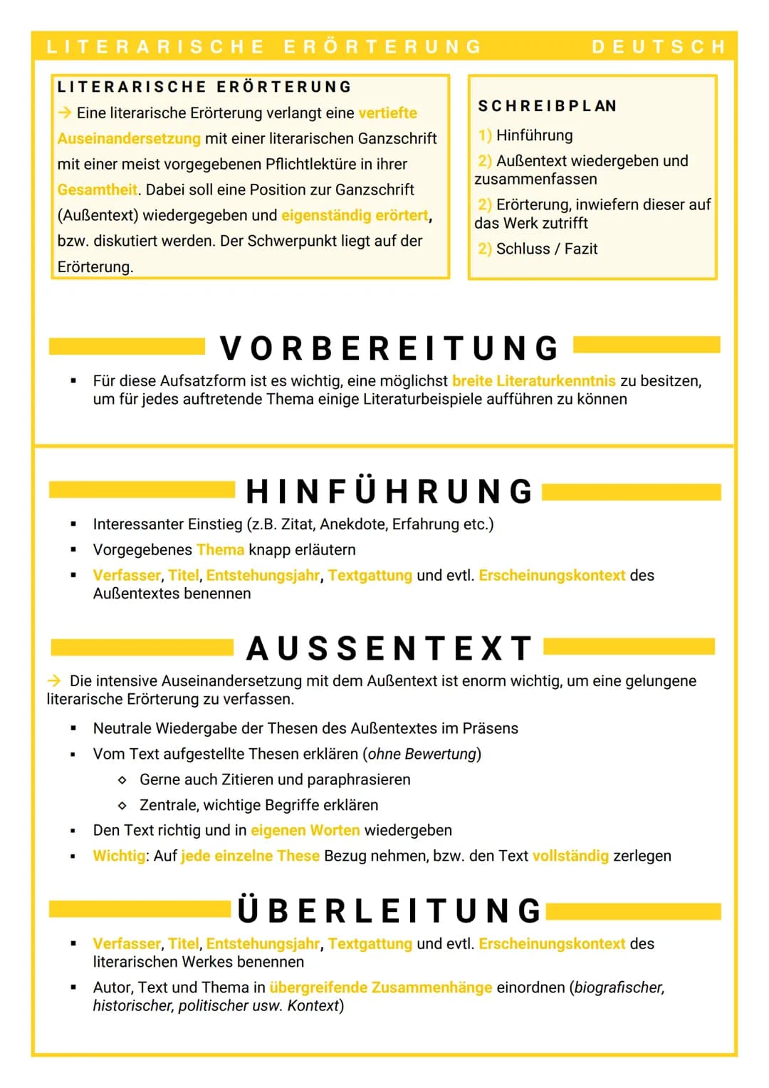 LITERARISCHE ERÖRTERUNG
LITERARISCHE ERÖRTERUNG
→ Eine literarische Erörterung verlangt eine vertiefte
Auseinandersetzung mit einer literari