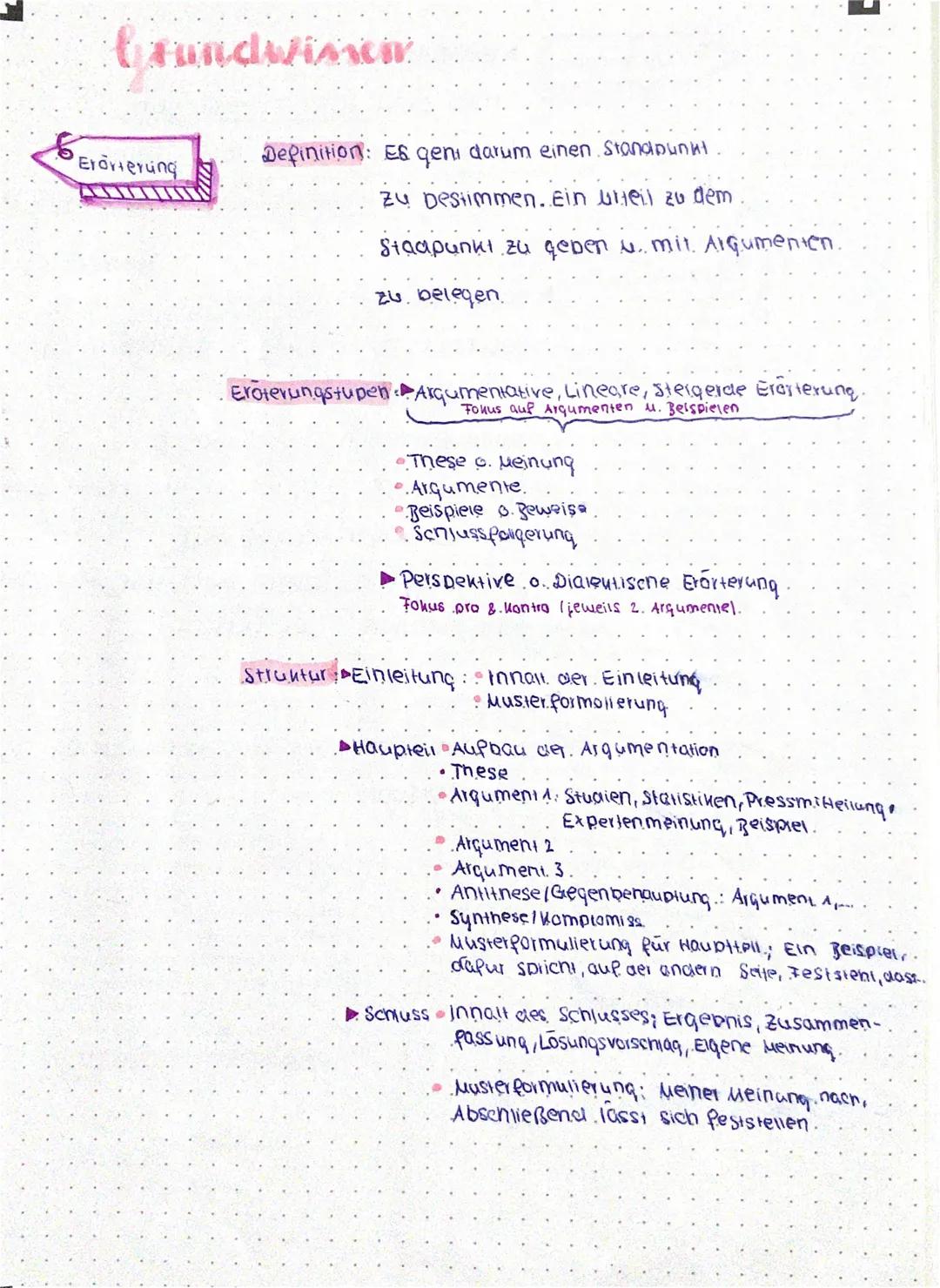 # Grundwissen

Erörterung

Definition: Es geni darum einen Standpunkt

zu bestimmen. Ein blyeil zu dem

Staapunki zu geben u.. mit. Argument