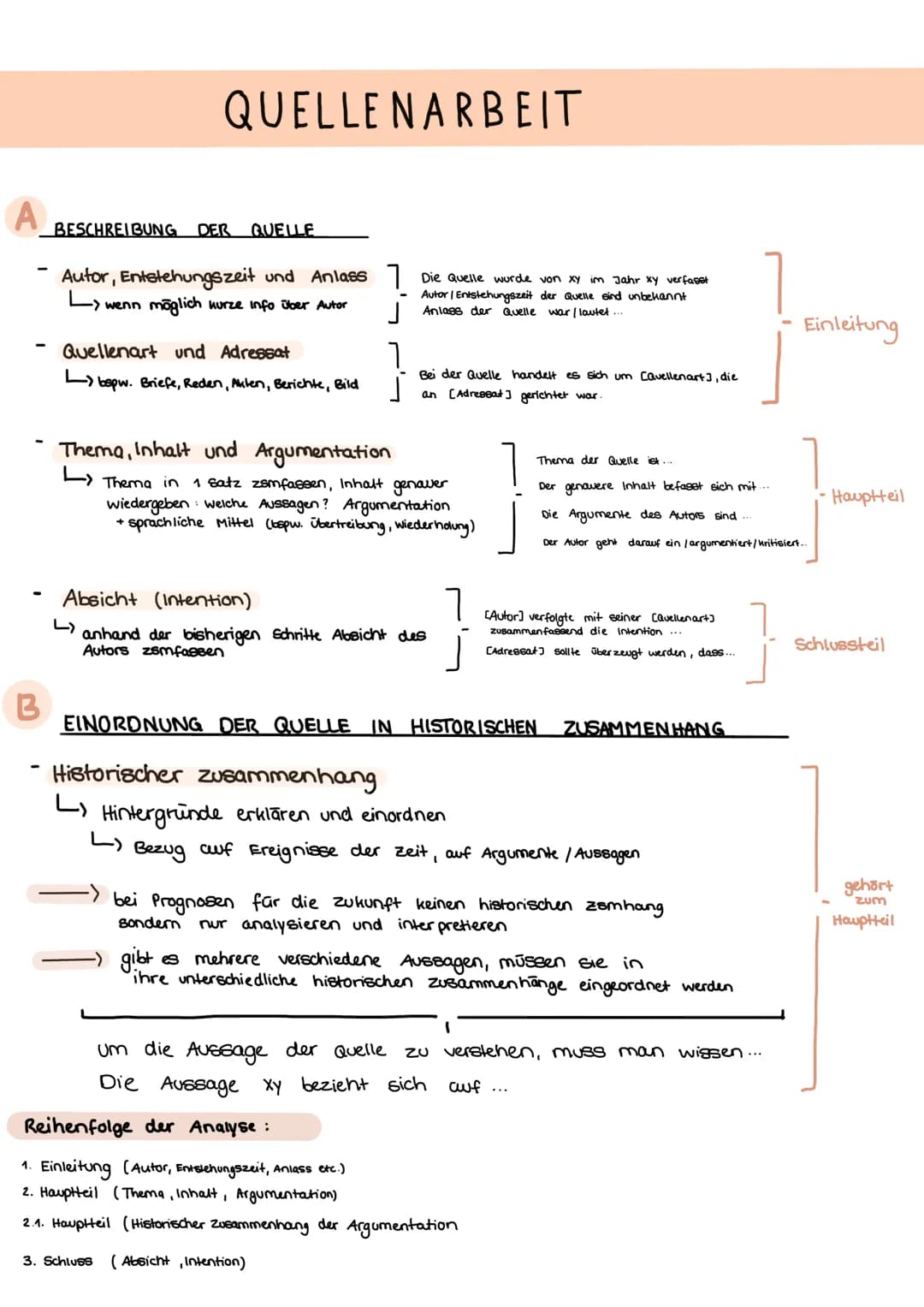 A
B
QUELLENARBEIT
BESCHREIBUNG DER QUELLE
Autor, Entstehungszeit und Anlass
Lwenn möglich kurze info über Autor
Quellenart und Adressat
Lbsp