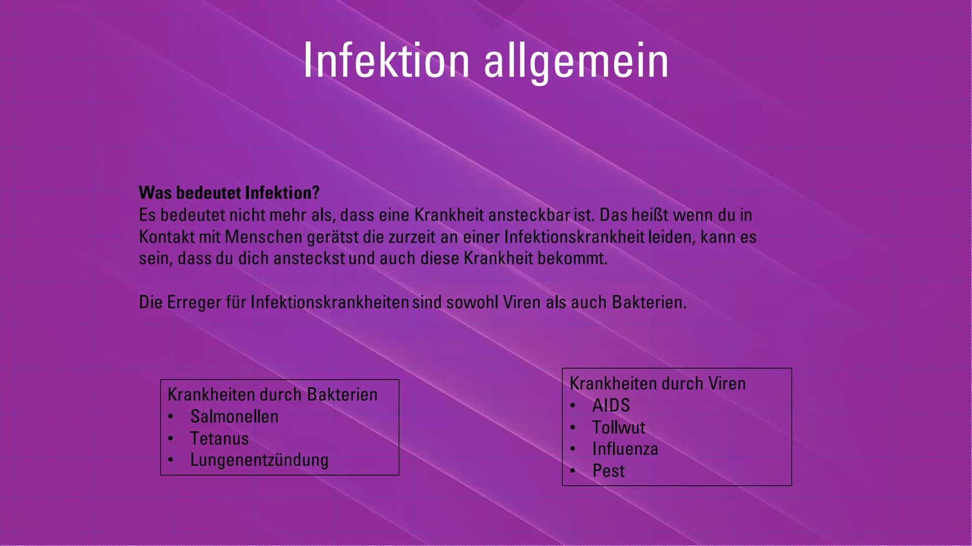 Infektionskrankheiten – Bakterien -
Viren
Übersicht
1. Was ist eine Infektion? Welche Erreger gibt es? (Krankheiten
durch...)
2. Eigenschaft