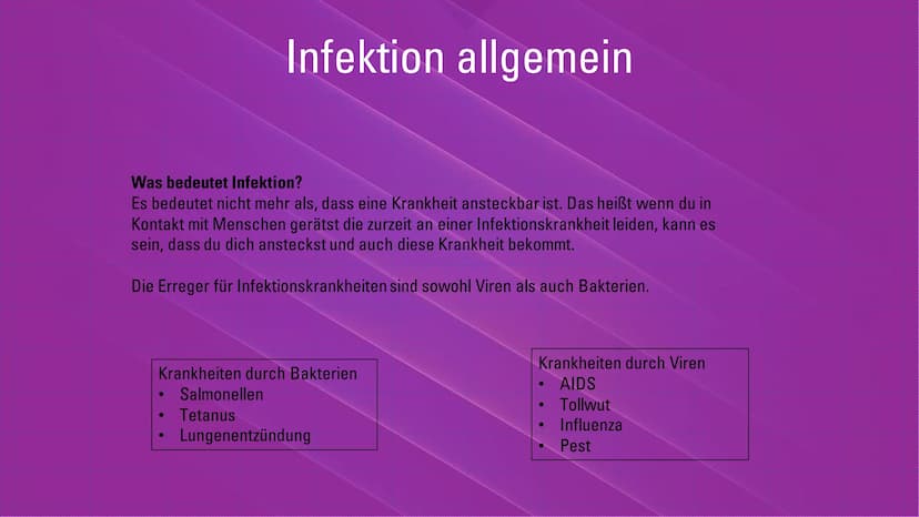 Infektionskrankheiten – Bakterien -
Viren
Übersicht
1. Was ist eine Infektion? Welche Erreger gibt es? (Krankheiten
durch...)
2. Eigenschaft