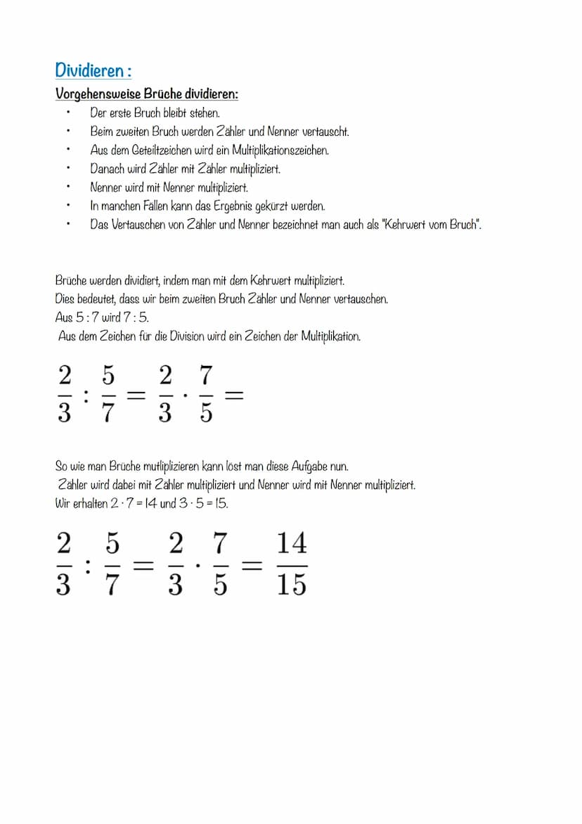 Multiplizieren:
Bei der Multiplikation von Brüchen ist dies interessant:
Zähler wird mit Zähler multipliziert.
Nenner wird mit Nenner multip