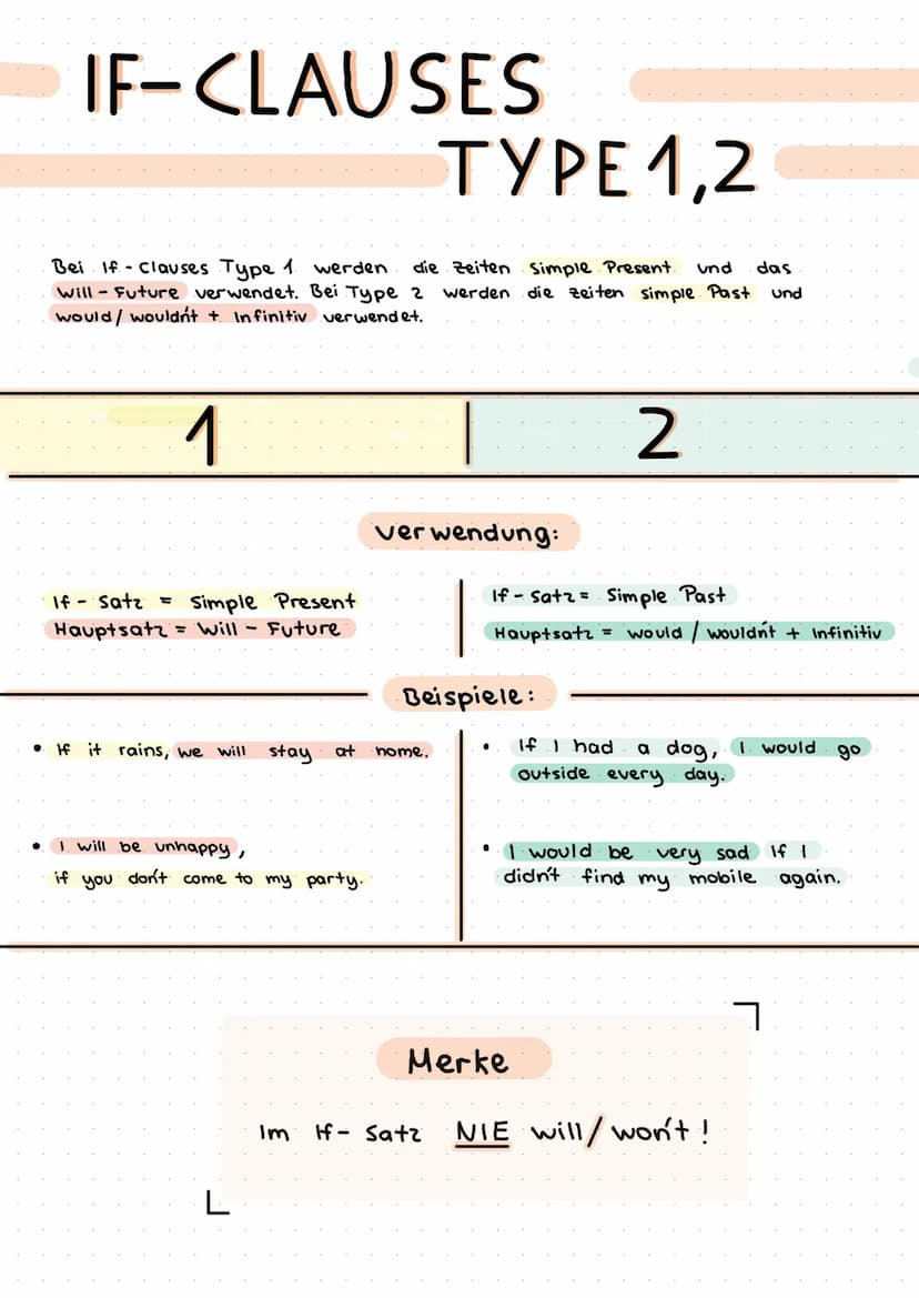 IF-CLAUSES
●
TYPE 1,2
Bei If clauses Type 1. werden die Zeiten Simple Present. und das
Will - Future verwendet. Bei Type 2 werden die zeiten