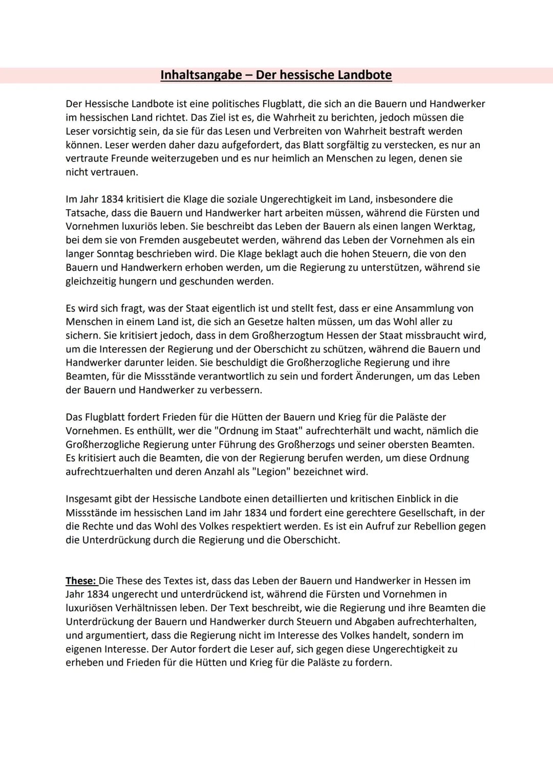 Inhaltsangabe - Der hessische Landbote
Der Hessische Landbote ist eine politisches Flugblatt, die sich an die Bauern und Handwerker
im hessi