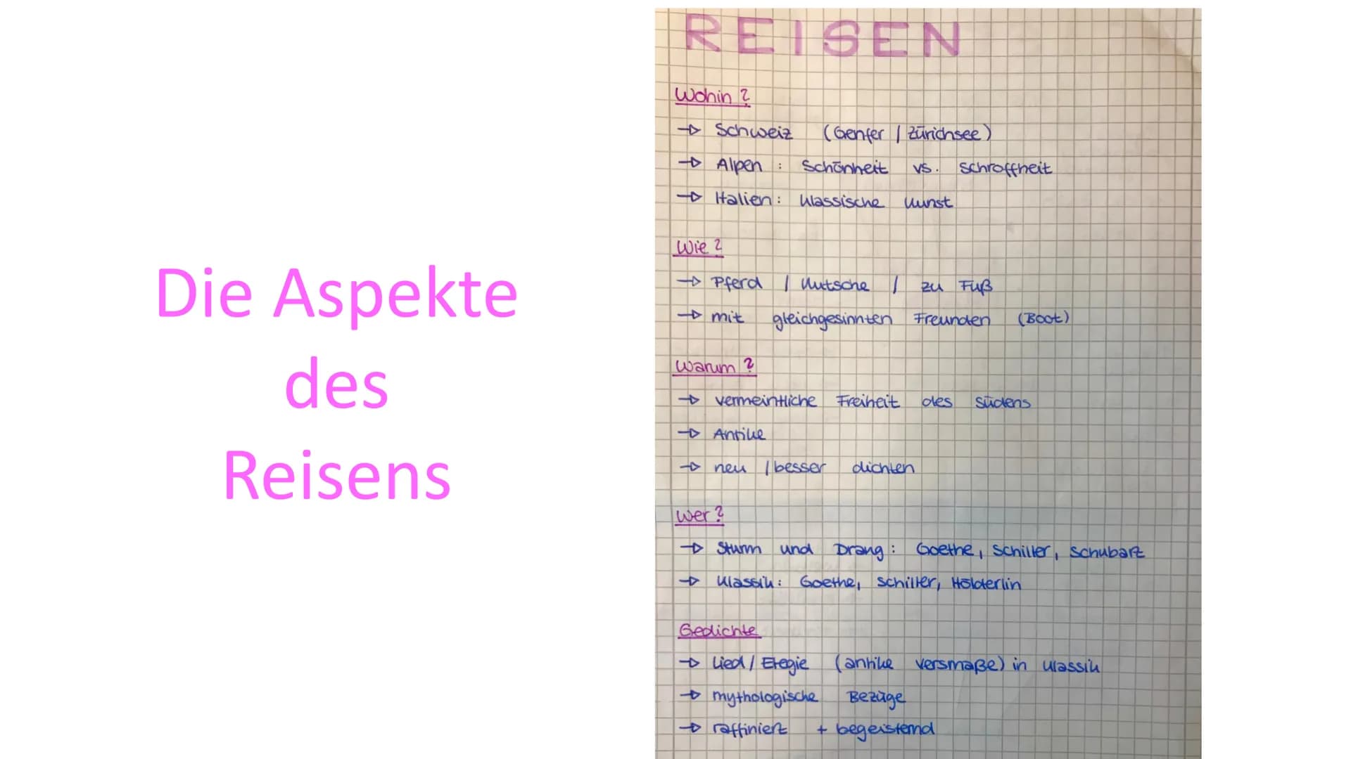 Reiselyrik
Sturm und Drang
Und
Klassik REISELYRIK
Sprache
impulsiv +
gefühlvoll
erlebnisreich
-Dureativ
Themen
- Natur
1765
Reisen
Liebe
Ges