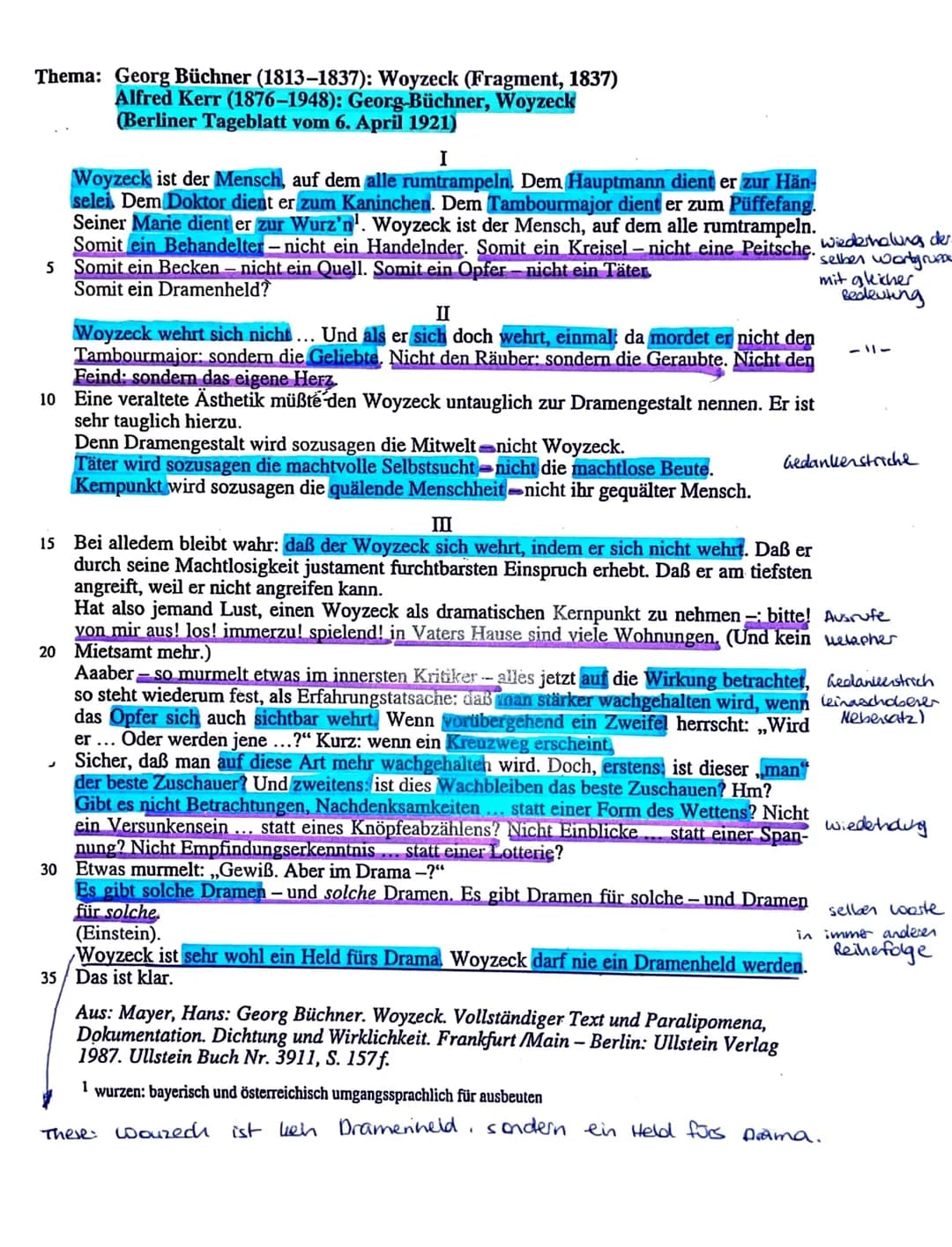 2. Klausur 11/II
Georg Büchner: Woyzeck
Thema
Analysieren Sie die Rezension von Alfred Kerr zu Büchners ,,Woyzeck".
Aspekte der Analyse: -In