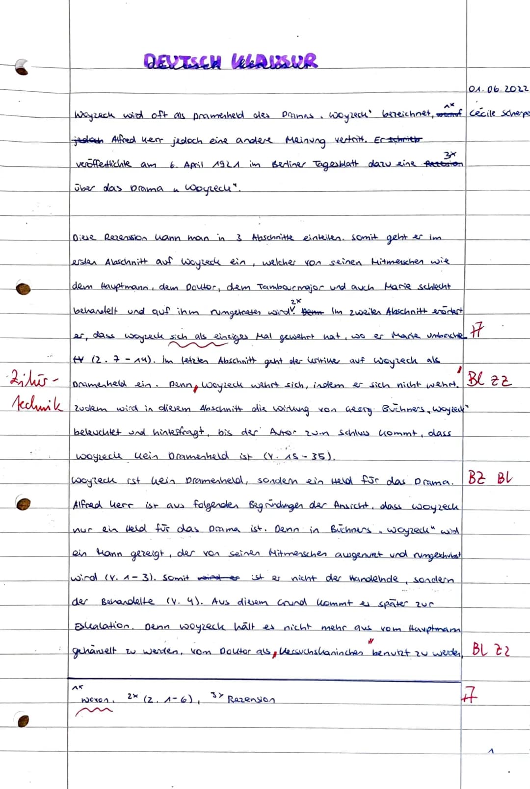 2. Klausur 11/II
Georg Büchner: Woyzeck
Thema
Analysieren Sie die Rezension von Alfred Kerr zu Büchners ,,Woyzeck".
Aspekte der Analyse: -In