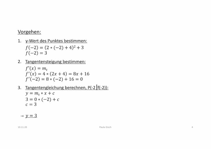 Aufgabe:
Gegeben ist die Funktion f mit f(x) = (2x + 4)² + 3.
Bestimme die Gleichung der Tangente an den Graphen von f
im Punkt P (-2|f(-2))