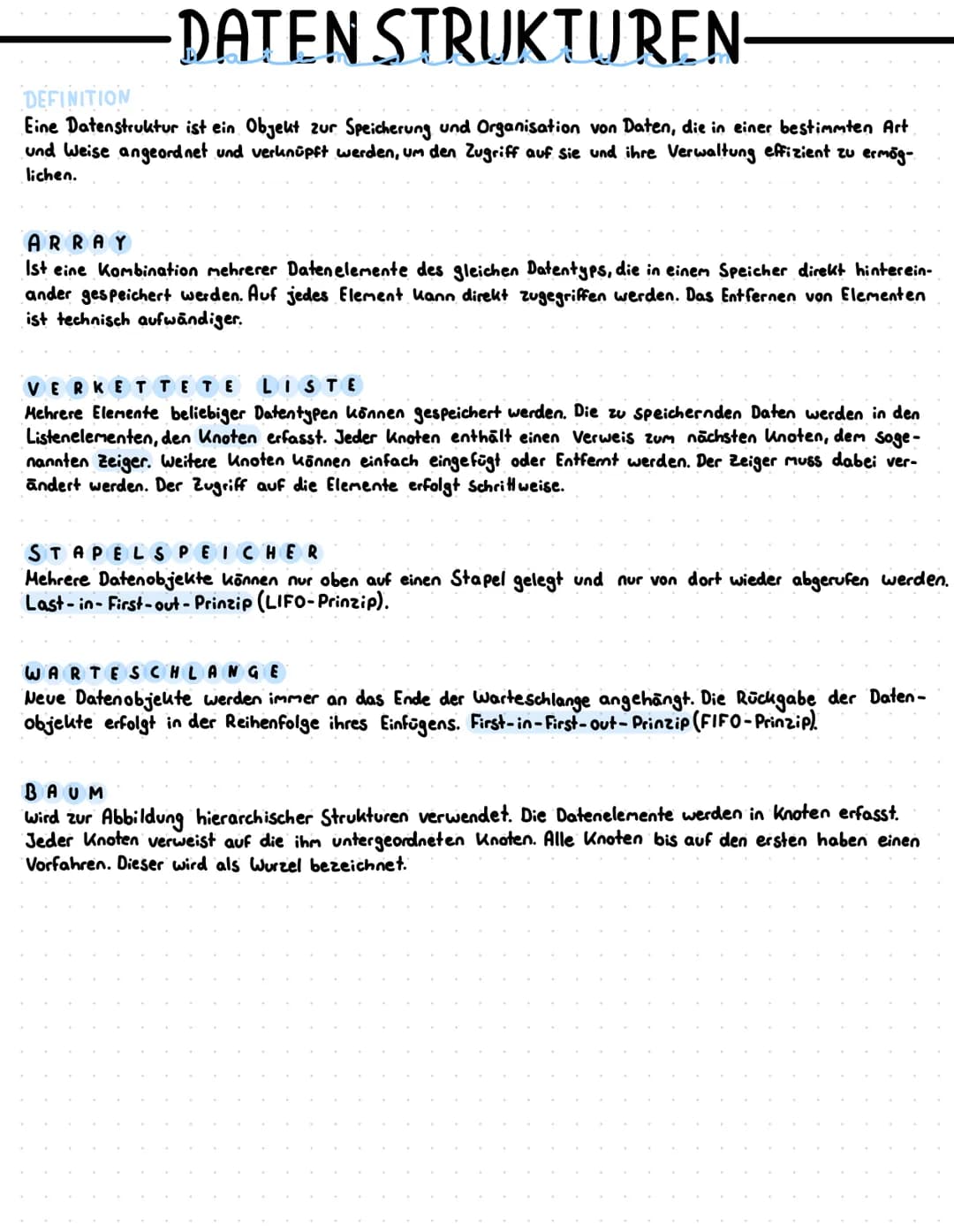 DATEN STRUKTUREN-
DEFINITION
Eine Datenstruktur ist ein Objekt zur Speicherung und Organisation von Daten, die in einer bestimmten Art
und W