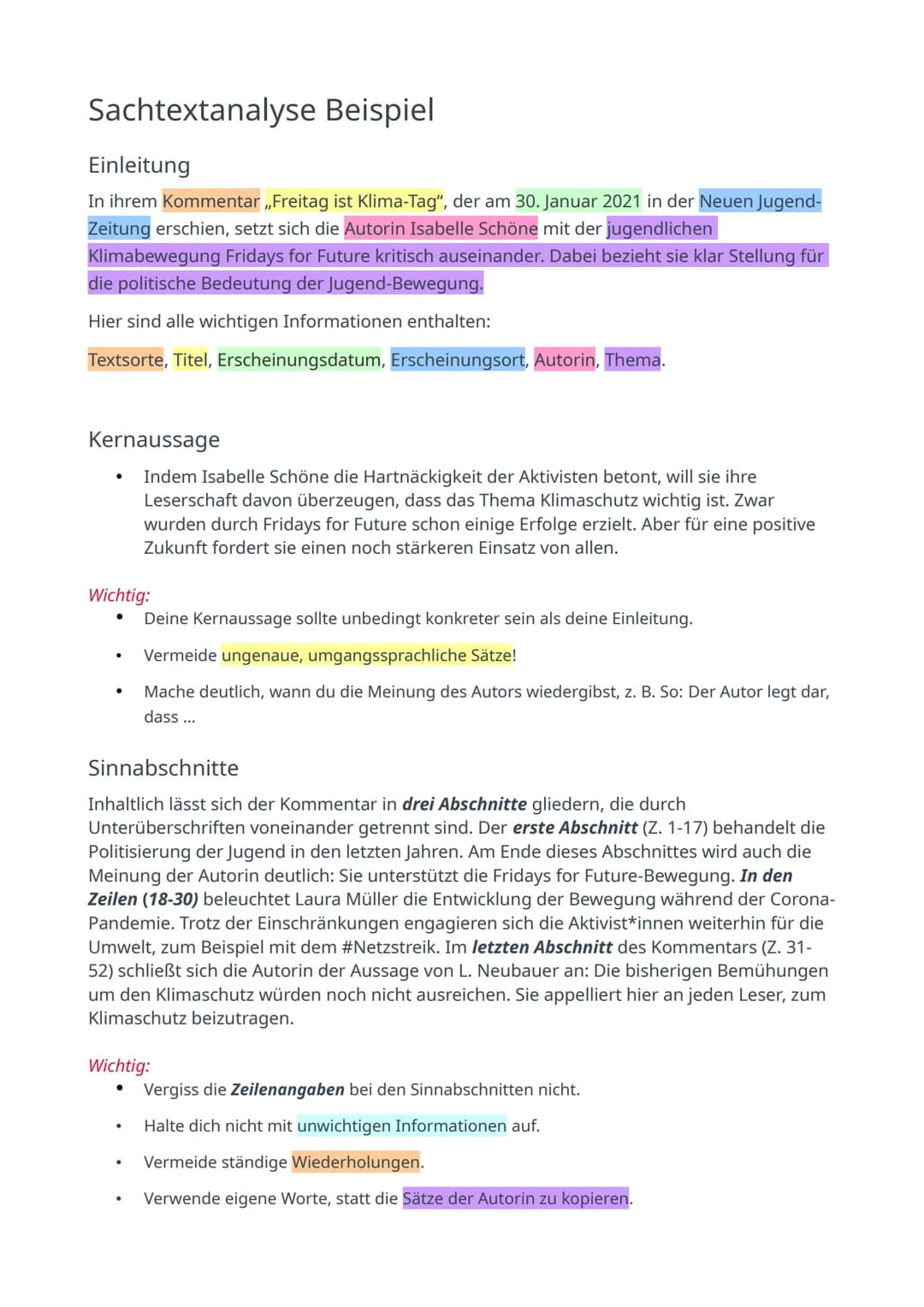 1) Einleitung:
Textsorte
●
●
●
●
●
●
2) Hauptteil:
●
.
Titel
Autor/in
Erscheinungsjahr & -ort
Thema
Intention
●
Kernaussage
Inhaltswiedergab