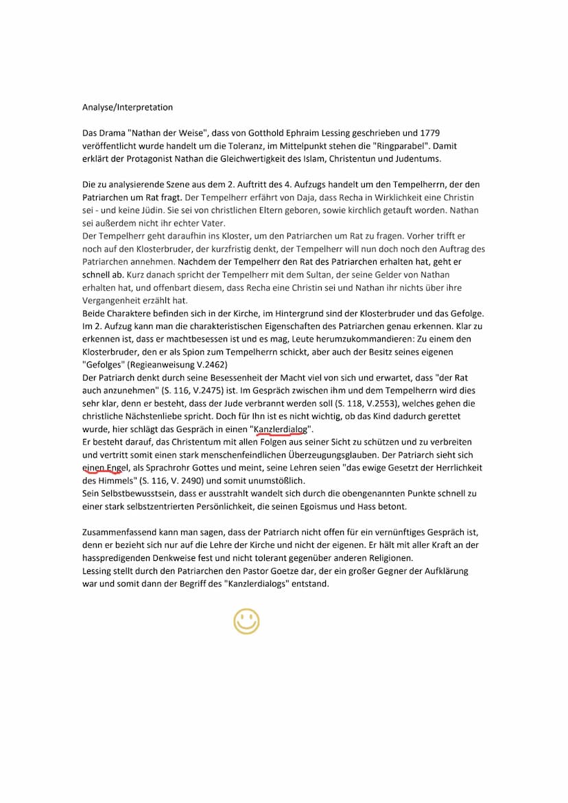 Interpretation/ Analyse der Szene IV,2 "Nathan der Weise"
Untersuchen Sie den gesamten Auftritt des Patriarchen (IV,2) im Hinblick auf die F