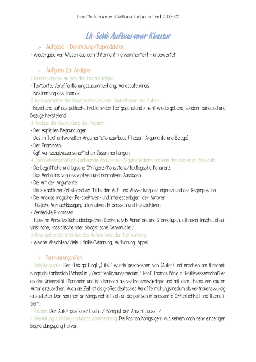 >>>
Lernzettel Aufbau einer SoWi-Klausur I Joshua Lerchen I 13.03.2022
Aufgabe I: Darstellung/Reproduktion
- Wiedergabe von Wissen aus dem U