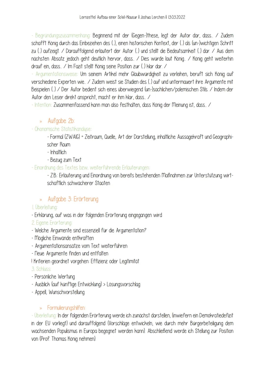 >>>
Lernzettel Aufbau einer SoWi-Klausur I Joshua Lerchen I 13.03.2022
Aufgabe I: Darstellung/Reproduktion
- Wiedergabe von Wissen aus dem U