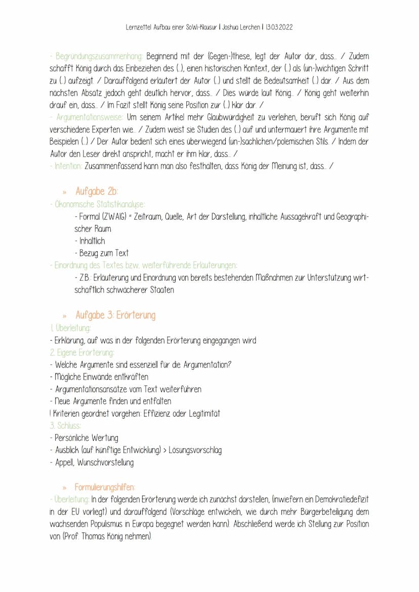 >>>
Lernzettel Aufbau einer SoWi-Klausur I Joshua Lerchen I 13.03.2022
Aufgabe I: Darstellung/Reproduktion
- Wiedergabe von Wissen aus dem U