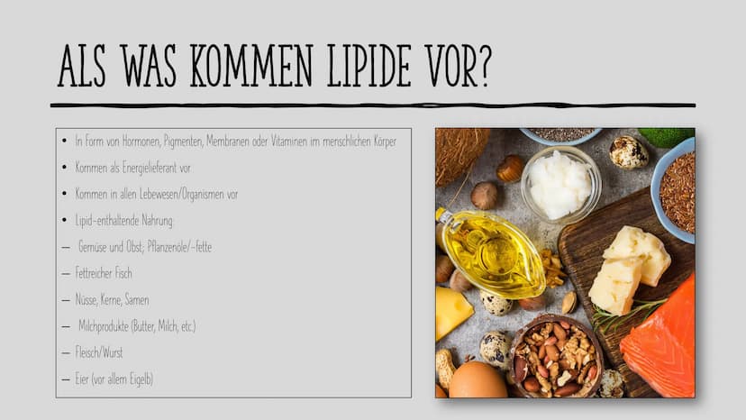 LIPIDE
Charlotte und Laura H. INHALT
Als was kommen Lipide vor?
Aufgaben und Eigenschaften von Lipiden
Aufbau von Lipiden
Fettsäuren
Grundau