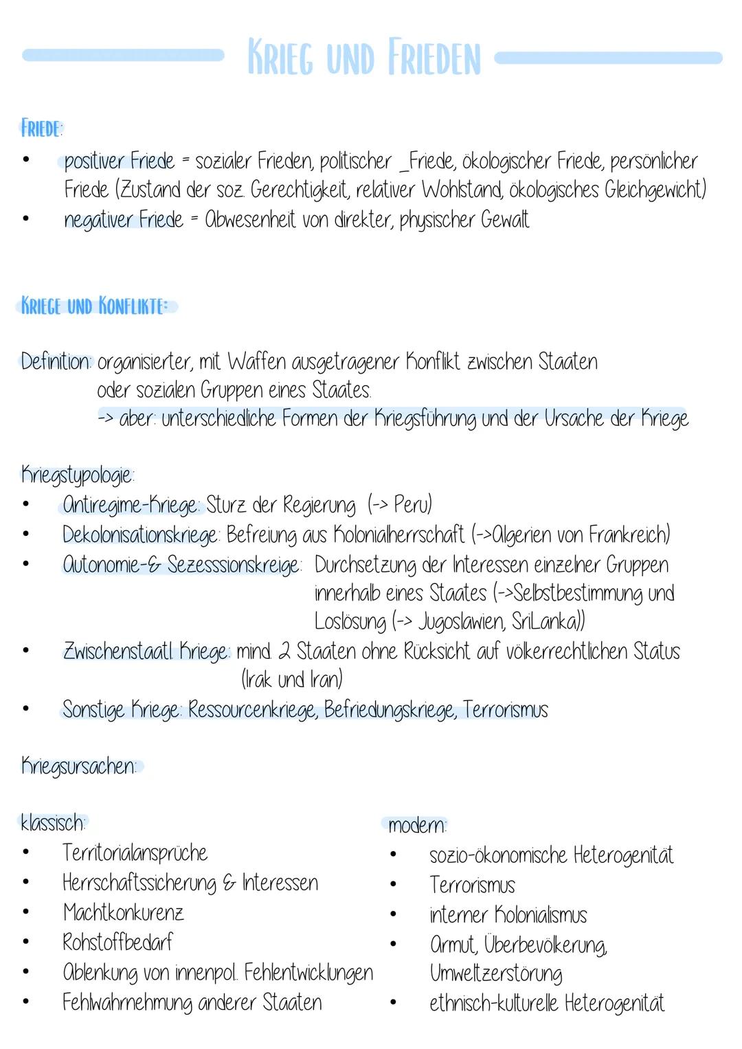 FRIEDE:
KRIEGE UND KONFLIKTE:
=
positiver Friede - sozialer Frieden, politischer_Friede, ökologischer Friede, persönlicher
Friede (Zustand d