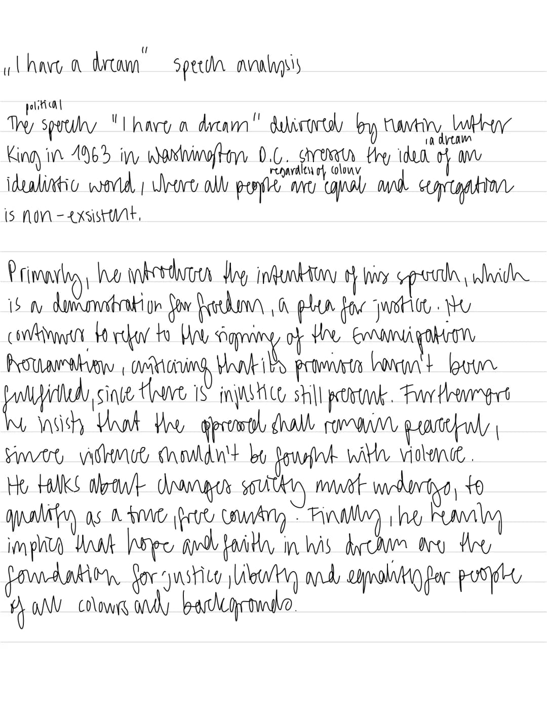 "I have a dream" speech analysis
political
The speech "I have a dream" delivered by Martin Luther
King in 1963 in Washington D.C. stresses t