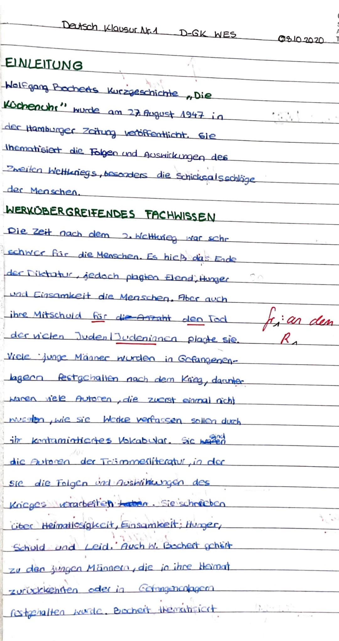 Deutsch Klausur. Nr. 1.
D-GK WES
EINLEITUNG
Wolfgang Bocherts Kurzgeschichte, Die
Küchenuhr" wurde am 27. August 1947 in
der Hamburger Zeitu