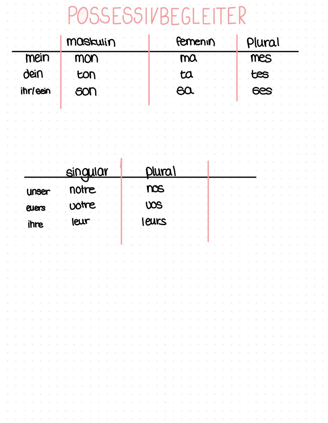 # POSSESSIVBEGLEITER

|          | maskulin | femenin | Plural |
| -------- | -------- | ------- | ------ |
| mein     | mon      | ma      