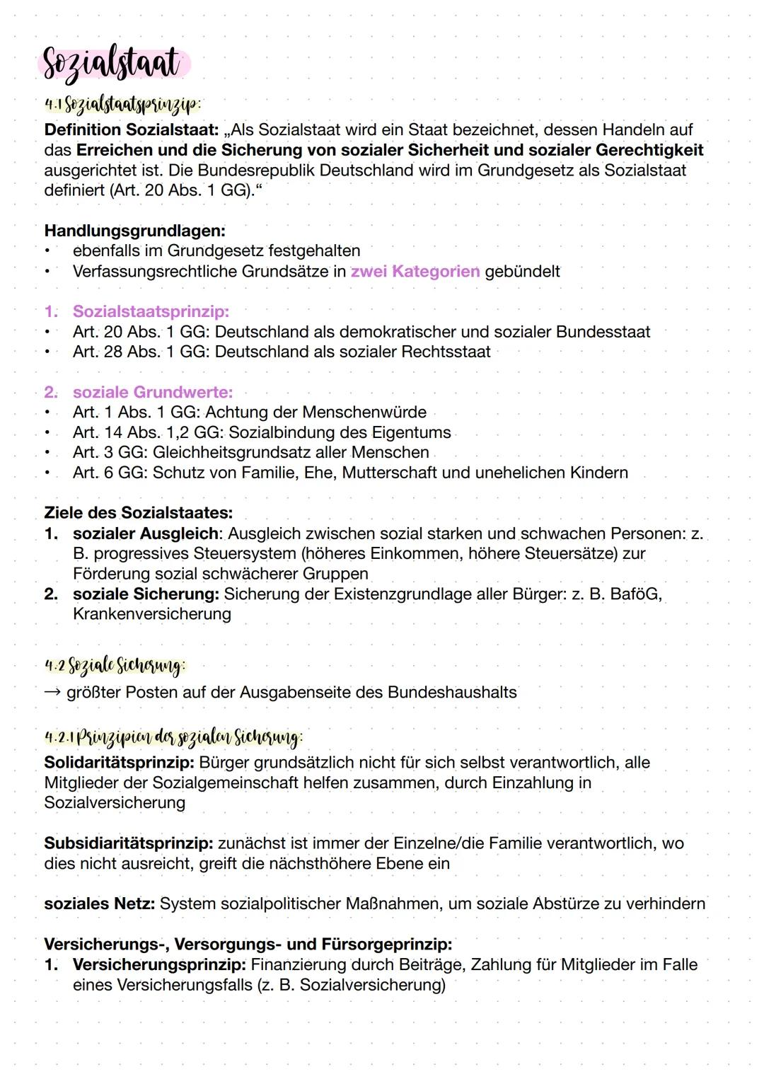 # Sozialstaat

4.  1 Sozialstaatsprinzip:

Definition Sozialstaat: „Als Sozialstaat wird ein Staat bezeichnet, dessen Handeln auf
das Erreic