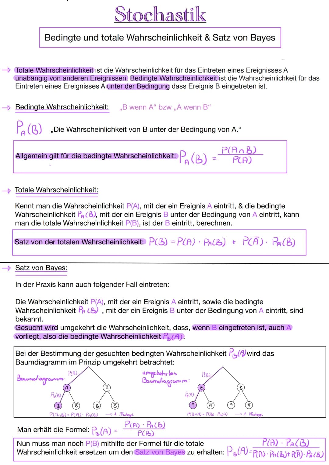 Stochastik
Bedingte und totale Wahrscheinlichkeit & Satz von Bayes
→ Totale Wahrscheinlichkeit ist die Wahrscheinlichkeit für das Eintreten 