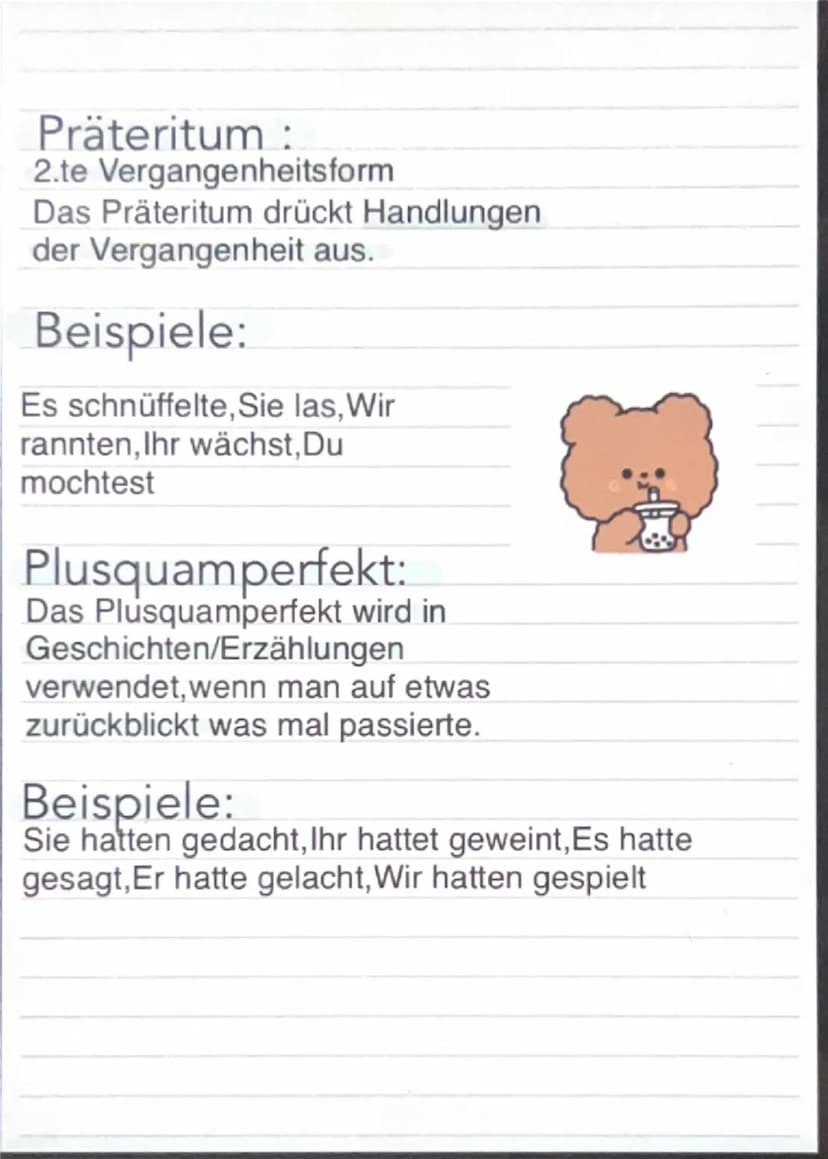 Zeitformen
Präsens:
Präsens ist die Zeitform, die wir
benutzen um über das jetzt/die Gegenwart
zu berichten.
Beispiele:
Ich gehe, Du sagst, 