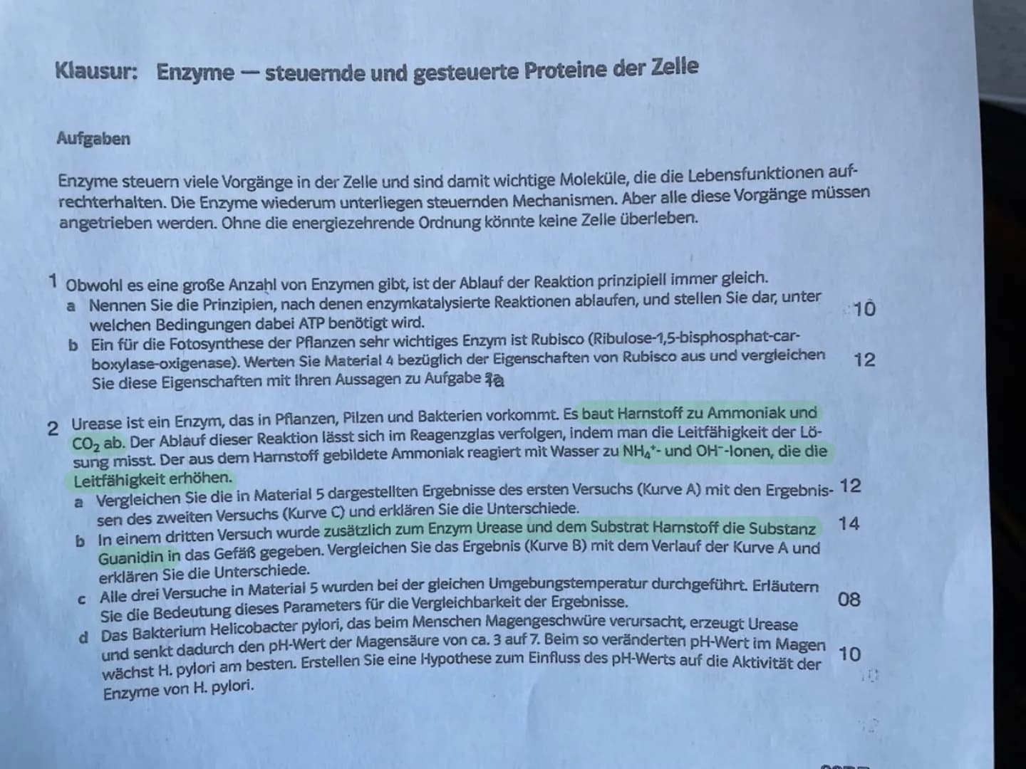 Klausur: Enzyme-steuernde und gesteuerte Proteine der Zelle
Aufgaben
Enzyme steuern viele Vorgänge in der Zelle und sind damit wichtige Mole