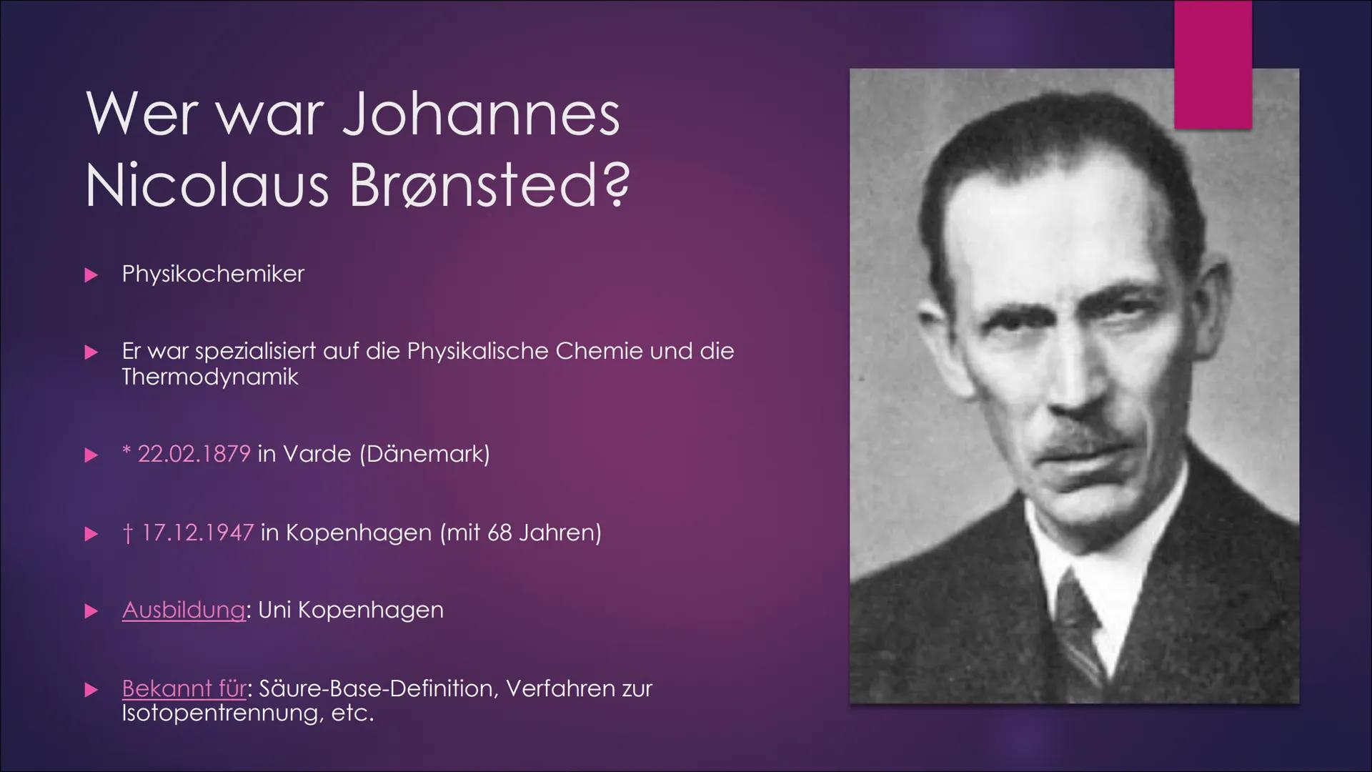 
<p>Johannes Nicolaus Brønsted war ein dänischer Physikochemiker, der sich auf die Physikalische Chemie und die Thermodynamik spezialisiert 