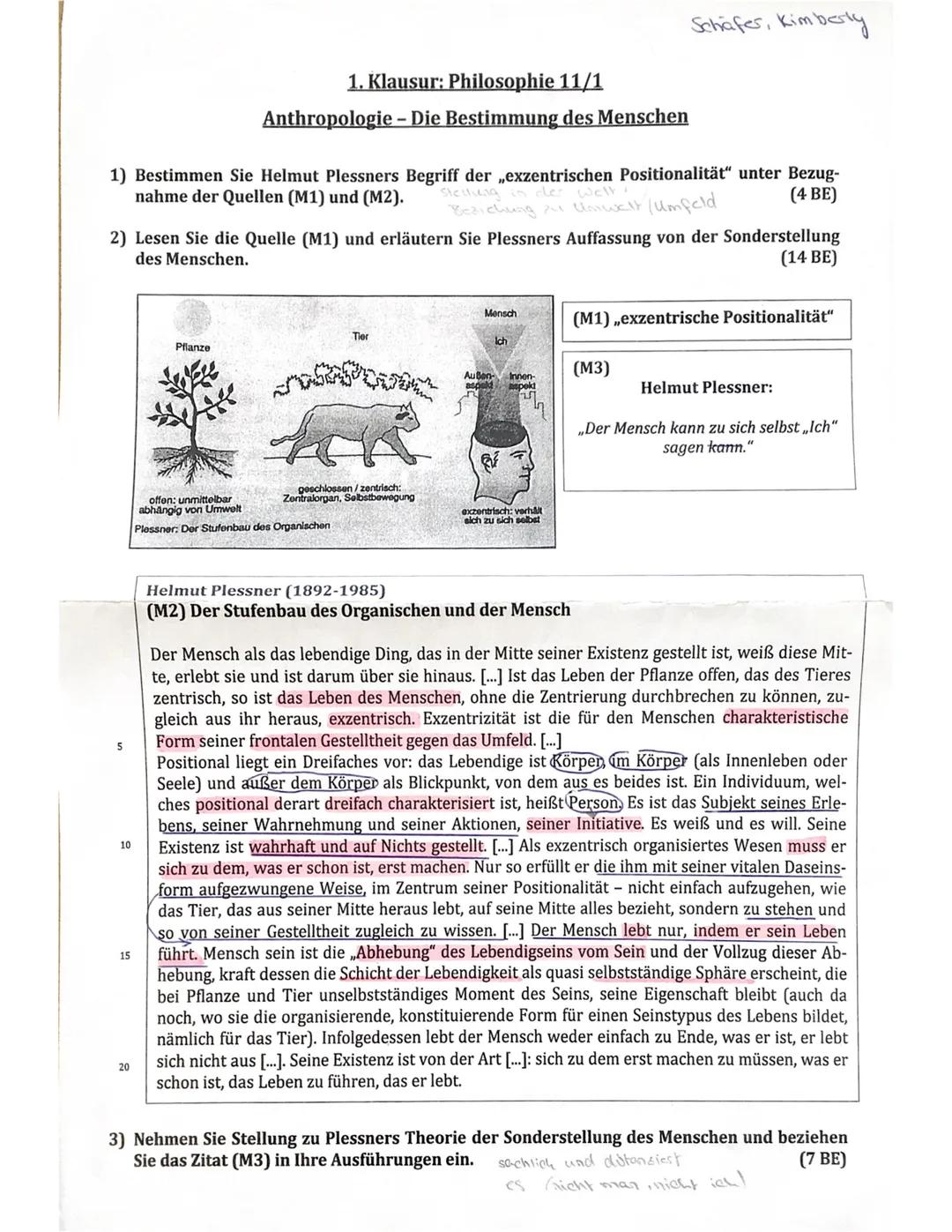 1) Bestimmen Sie Helmut Plessners Begriff der ,exzentrischen Positionalität" unter Bezug-
nahme der Quellen (M1) und (M2).
stellung in der W