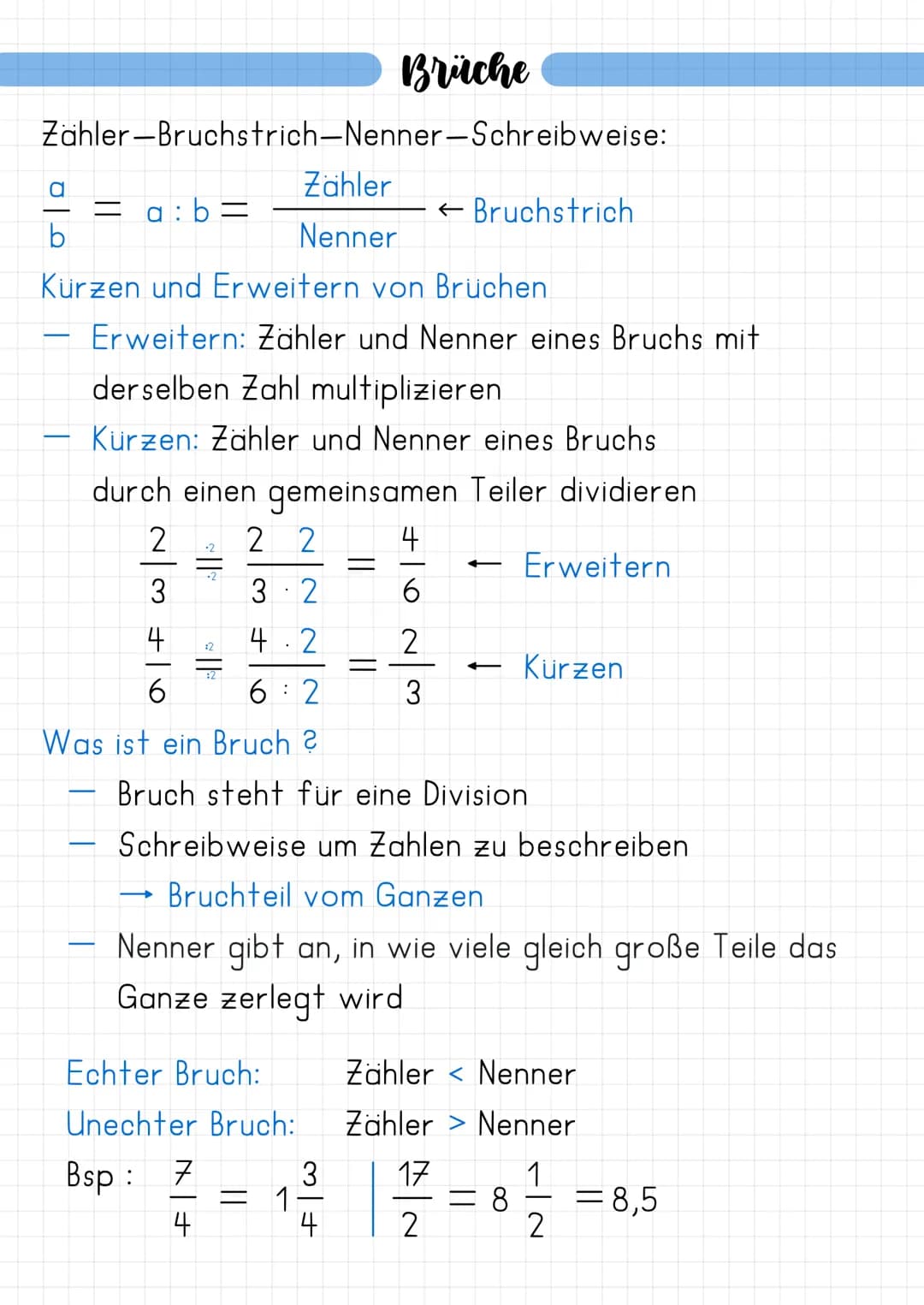 Zähler-Bruchstrich-Nenner-Schreibweise:
Zähler
Nenner
b
= a: b=
durch einen
Kürzen und Erweitern von Brüchen
Erweitern: Zähler und Nenner ei