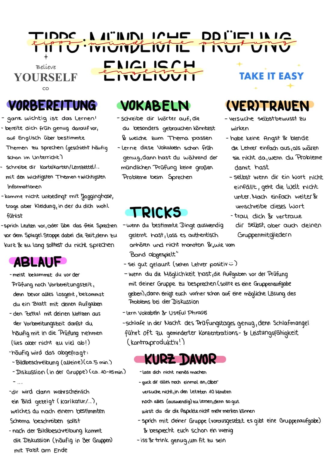 TIDDO MANN ICH
DDISL
TITUTIONPLIVI IL TRUT UN
Believe
YOURSELF
CO
ENGLISCH
LITULIVUIT
VORBEREITUNG
- ganz wichtig ist das Lernen!
- bereite 