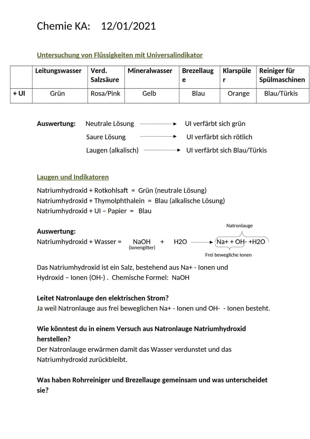 + UI
Chemie KA: 12/01/2021
Untersuchung von Flüssigkeiten mit Universalindikator
Leitungswasser Verd.
Grün
Auswertung:
Salzsäure
Rosa/Pink
M
