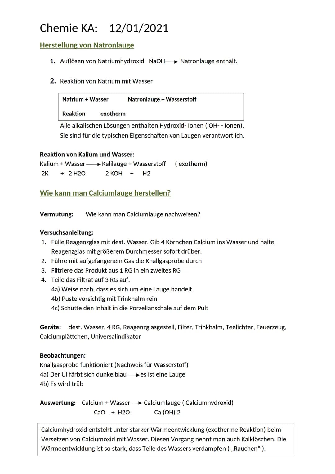 + UI
Chemie KA: 12/01/2021
Untersuchung von Flüssigkeiten mit Universalindikator
Leitungswasser Verd.
Grün
Auswertung:
Salzsäure
Rosa/Pink
M